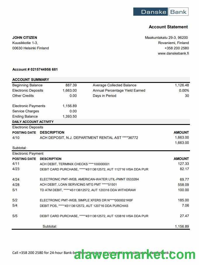 Finland Danske bank statement easy to fill template in .xls and .pdf file format
